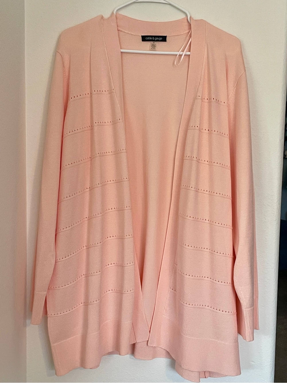 Cable & Gauge Light Pink Open-Front Knit pointelle long line Cardigan NWOT